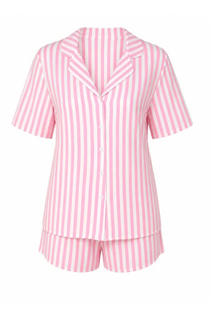 Kadın Çizgili Şortlu Pijama Takımı Düğmeli Üst Bağcıklı Rahat Yazlık Ev Giyim