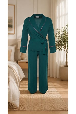 Şerit Detaylı Kuşaklı Kadın Pijama Takımı - Zümrüt yeşili