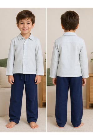 Erkek Çocuk Çizgili Gömlek Yaka Pijama Takımı - Lacivert/Beyaz