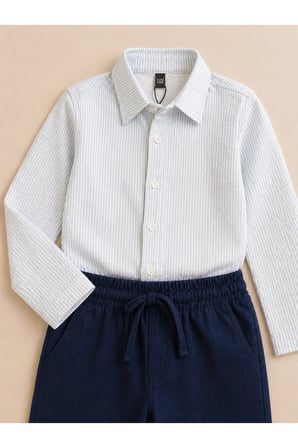 Erkek Çocuk Çizgili Gömlek Yaka Pijama Takımı - Lacivert/Beyaz