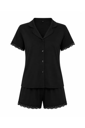 Dantel Detaylı Kısa Kollu Şortlu Siyah Pijama Takımı
