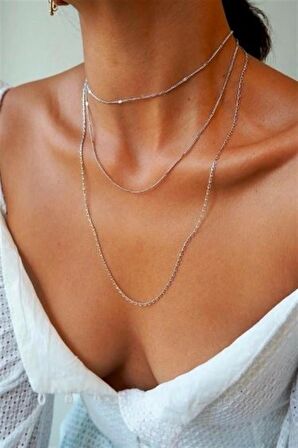 Kadın Üçlü Şeri Zincir Kolye Silver Katmanlı Kolye Choker Uzun Çoklu Kolye