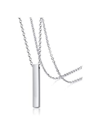 Gümüş Kaplamalı Çubuk Uzun Bar Dikdörtgen  Kolye 70 Cm