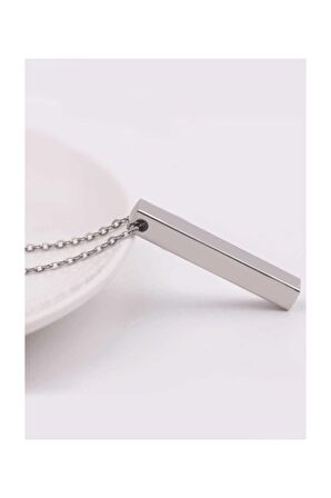 Gümüş Kaplamalı Çubuk Uzun Bar Dikdörtgen  Kolye 70 Cm