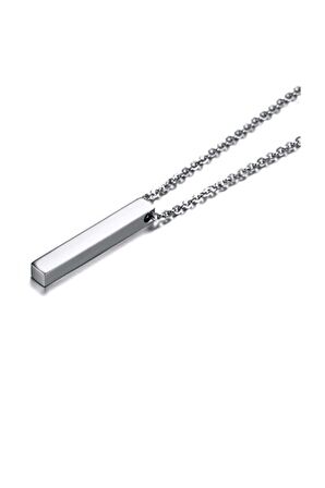 Gümüş Kaplamalı Çubuk Uzun Bar Dikdörtgen  Kolye 70 Cm