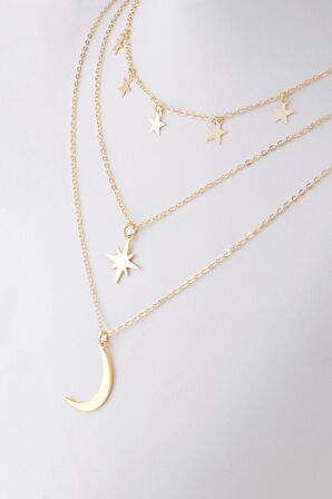 Altın Renk Kutup Yıldızı Ve Hilal Figürlü Çok Katmanlı Kombin Kolye