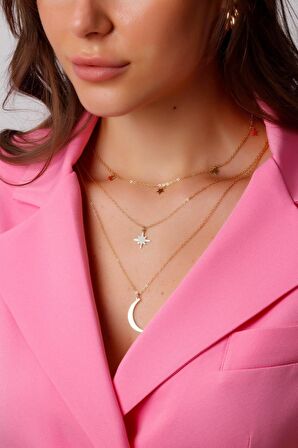 Altın Renk Kutup Yıldızı Ve Hilal Figürlü Çok Katmanlı Kombin Kolye