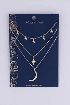 Altın Renk Kutup Yıldızı Ve Hilal Figürlü Çok Katmanlı Kombin Kolye