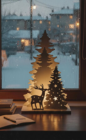 Yılbaşı Süsleri Lamba Gece Geyik Ve Ağaç Sahne Işığı Ahşap