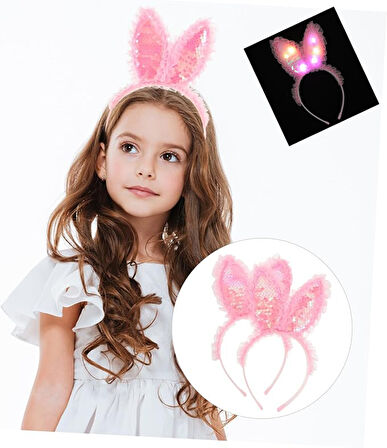 Kenarları Dantelli Pembe Pullu Payetli Led Işıklı Tavşan Kulak 23x19 cm