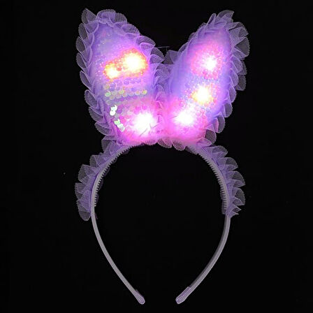 Kenarları Dantelli Mor Pullu Payetli Led Işıklı Tavşan Kulak 23x19 cm