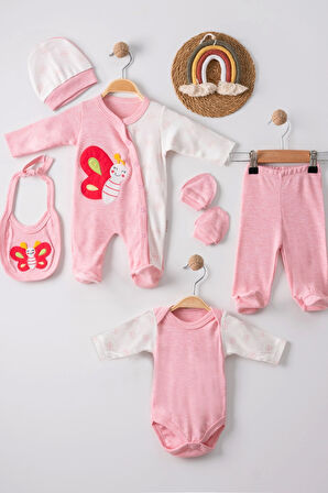 3 Ay Nakış Tulumlu Kız Bebek 5'li Set Pembe
