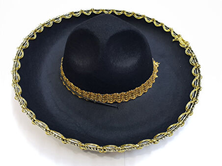 Altın Renk Şeritli Meksika Mariachi Latin Şapkası 55 cm