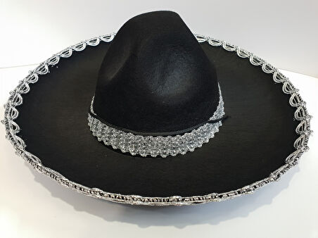 Gümüş Renk Şeritli Meksika Mariachi Latin Şapkası 55 cm