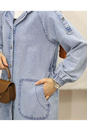 Kadın Cepli Düğmeli Denim Kot Kap