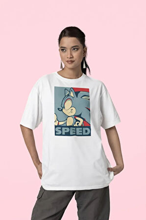 Speed Sonic Karakter Baskılı Unisex Oversize Tişört