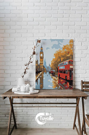 Yağmurda Londra Sayılarla Boyama Seti, Hobi Seti, 40X50 Tablo, Fırça Boya, Numaralı Tuval