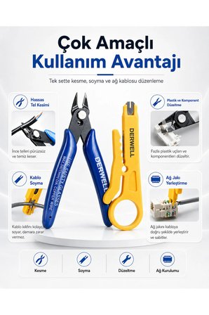 Hassas Yan Kişki Kablo Sıyırıcı Makas Seti; Elektronik Devre, Tel Kesme Pensesi ve Ağ Kablosu Çakma Aparatı. Profesyonel Tamir, Hobi, Montaj Düzenleyici El Aletleri Takımı