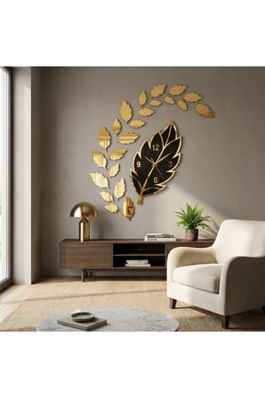 Yaprak Saat - Ahşap Modern Dekoratif Duvar Saat Seti (Ahşap & Pleksi Detaylı) Siyah Üzeri Gold Detay Ana Gövde 32X50 cm.