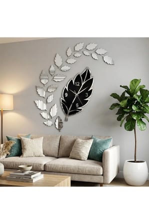 Yaprak Saat - Modern Dekoratif Duvar Saati (Ahşap & Pleksi Detaylı) Siyah Gümüş Renk 32x50 cm. saat ve 20 adet dekor