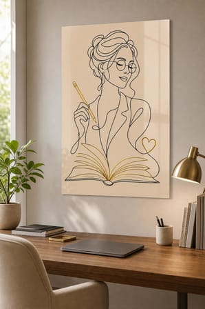 Kitap Okuyan Kadın Baskılı Cam Tablo – Minimalist Çizgi Sanatı UV Baskı