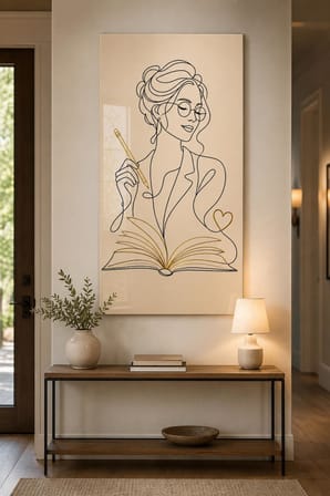 Kitap Okuyan Kadın Baskılı Cam Tablo – Minimalist Çizgi Sanatı UV Baskı