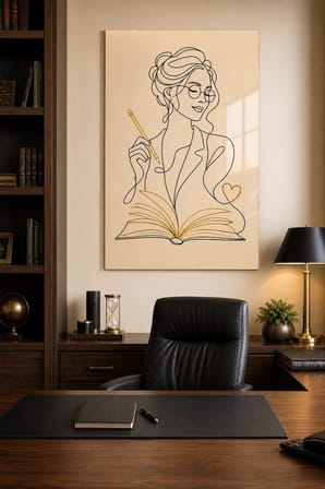 Kitap Okuyan Kadın Baskılı Cam Tablo – Minimalist Çizgi Sanatı UV Baskı