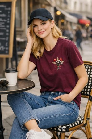 Tshirt Nakış İşlemeli Demet Çiçek- PENYE-Bordo