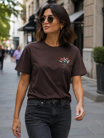 Tshirt Nakış İşlemeli Demet Çiçek- PENYE-Kahverengi