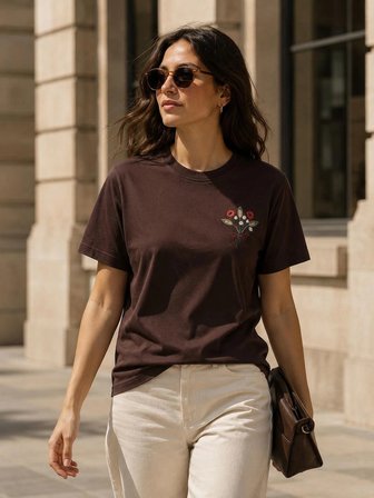 Tshirt Nakış İşlemeli Demet Çiçek- PENYE-Kahverengi