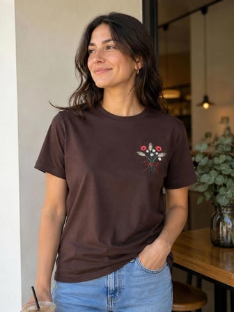 Tshirt Nakış İşlemeli Demet Çiçek- PENYE-Kahverengi