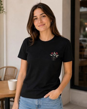 Tshirt Nakış İşlemeli Demet Çiçek- PENYE-Siyah