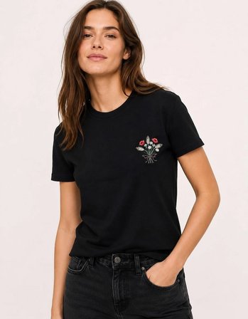 Tshirt Nakış İşlemeli Demet Çiçek- PENYE-Siyah