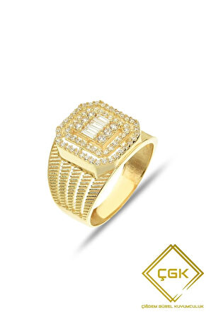 Sıralı Baget Taşlı Hasır Altın Yüzük