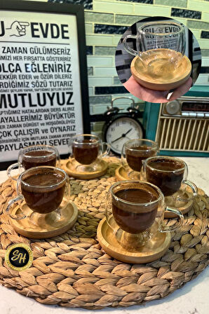 6'lı Bambu Tabak Çift Cidarlı Kahve Takımı Fincan 80 ML