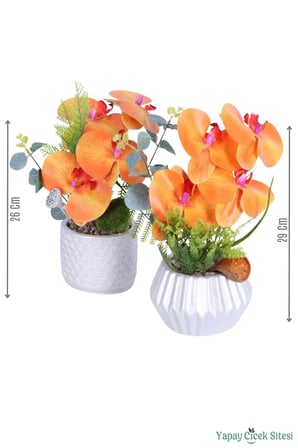 Yapay Çiçek Sitesi Gümüş Beton Saksıda Yapay Orkide Tanzimi Set 29cm Model 3