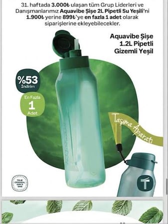 Tupperware Aqua Vipe 1,2 Şişe Pipetli Görseldeki Renk Yeşil