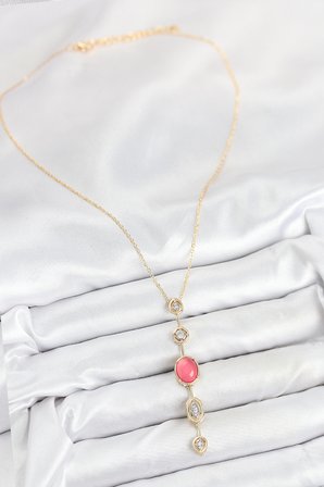 hediyelik Pirinç Zincir Pembe Gold Renk Zirkon Taşlı Y Kolye