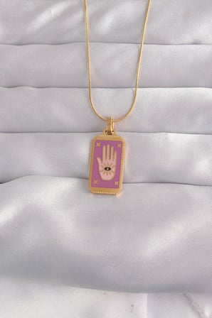 hediyelik 316L Çelik Gold Renk Mor Mineli El Figür Tarot Kolye