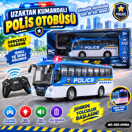 hediyelik 666-690NA Uzaktan Kumandalı Oyuncak Polis Otobüsü