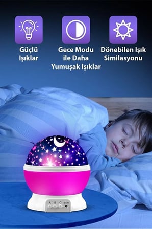hediyelik Ay ve Yıldızlı Gökyüzü Yansıtmalı Dönen Projeksiyon Gece Lambası- Çocuk Bebek Odası Pembe