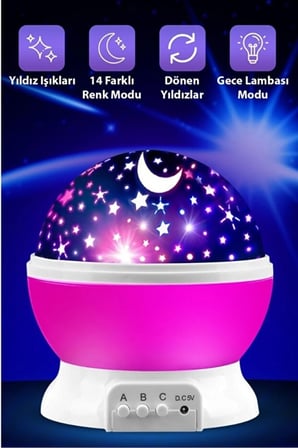hediyelik Ay ve Yıldızlı Gökyüzü Yansıtmalı Dönen Projeksiyon Gece Lambası- Çocuk Bebek Odası Pembe