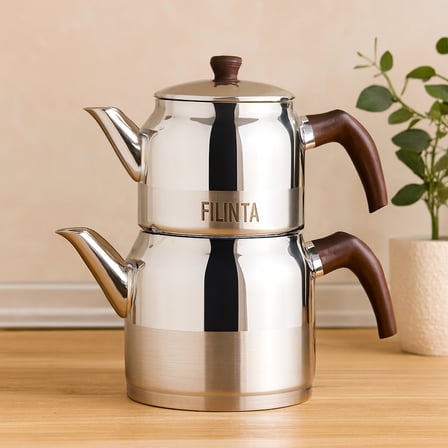 hediyelik Orta Boy Çelik Çaydanlık Seti (Çift Kapaklı, Süzgeçli) 1.25L/2.25L