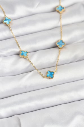 hediyelik 316L Çelik Zincir Gold Renk Buz Mavisi Baby Boy Yonca Kadın Kolye