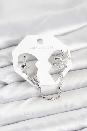 hediyelik Pirinç Gümüş Renk Kelebek Model Zincir Bağlantılı Ear Cuff Küpe Seti