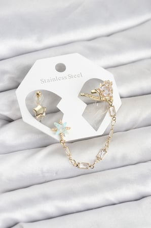 hediyelik Yıldız Model Pirinç Gold Renk Zincir Bağlantılı Ear Cuff Küpe Seti