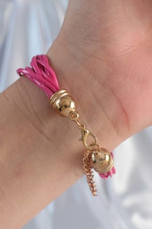 hediyelik Pembe Renk Zirkon Taşlı İpli Çoklu Bileklik