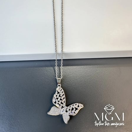 hediyelik Çelik Zirkon Taşlı Kelebek Kolye - Kl0125
