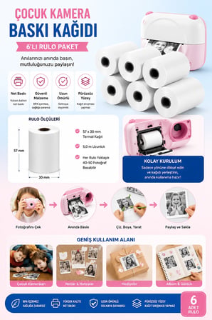 hediyelik Çocuk Fotoğraf Makinesi Yedek Termal Baskı Kağıdı (6’lı Rulo) – 57x25mm