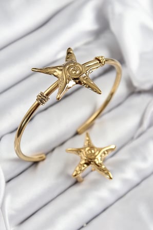 hediyelik Pirinç Deniz Yıldızı Model Gold Renk Bileklik Yüzük Set